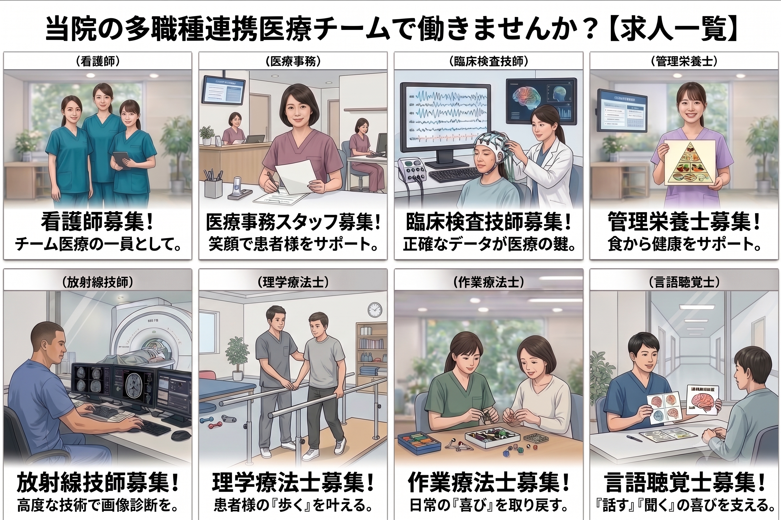 多職種連携で働くスタッフのイメージ（募集職種一覧）